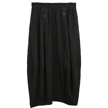 

LANMREM 2020 summer suit elastic waist pocket mid calf length straight elastic black female loose soft halfbody skirt WM04301