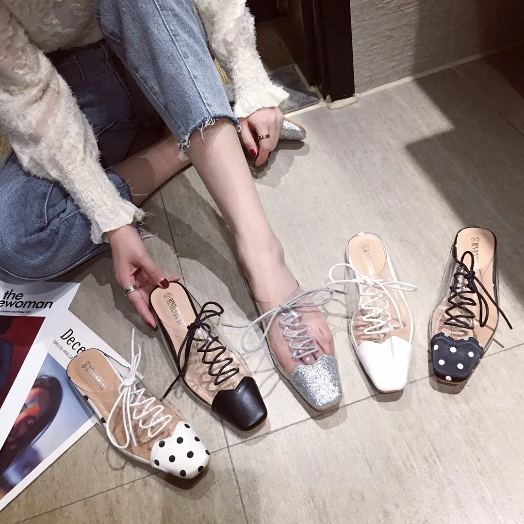

Hot Selling 2019 Summer New Style Polka Dot ban tuo xie Lace-up Transparent Plastic Sequin Closed-toe WOMEN'S Slippers