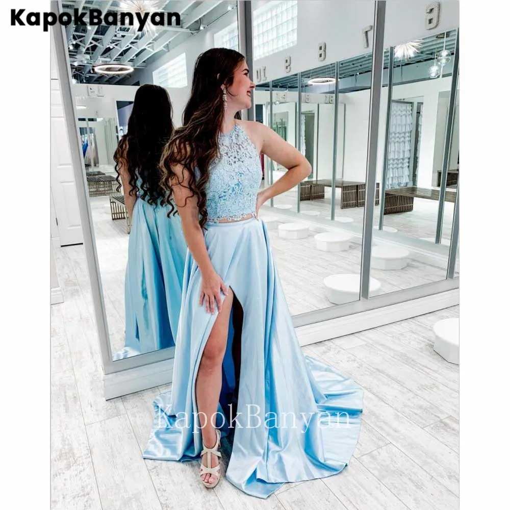 

Кружевное платье с лямкой на шее, с разрезом, а-силуэт, из двух частей, с открытой спиной, длинное атласное вечернее платье