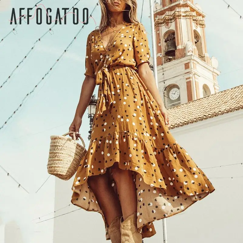 Affogato Элегантное Длинное платье в горошек с рюшами женское повседневное праздничное пляжное Летнее платье сексуальное богемное платье с v-образным вырезом на пуговицах и бантом для вечеринок