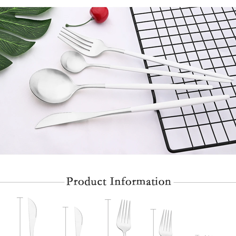 Description Picture 3 of itemMatte White Silver Cutlery Set Kitchen Dinnerware Set Restaurant Flatware Western Tableware Knife Fork Spoon Dessert Silverware