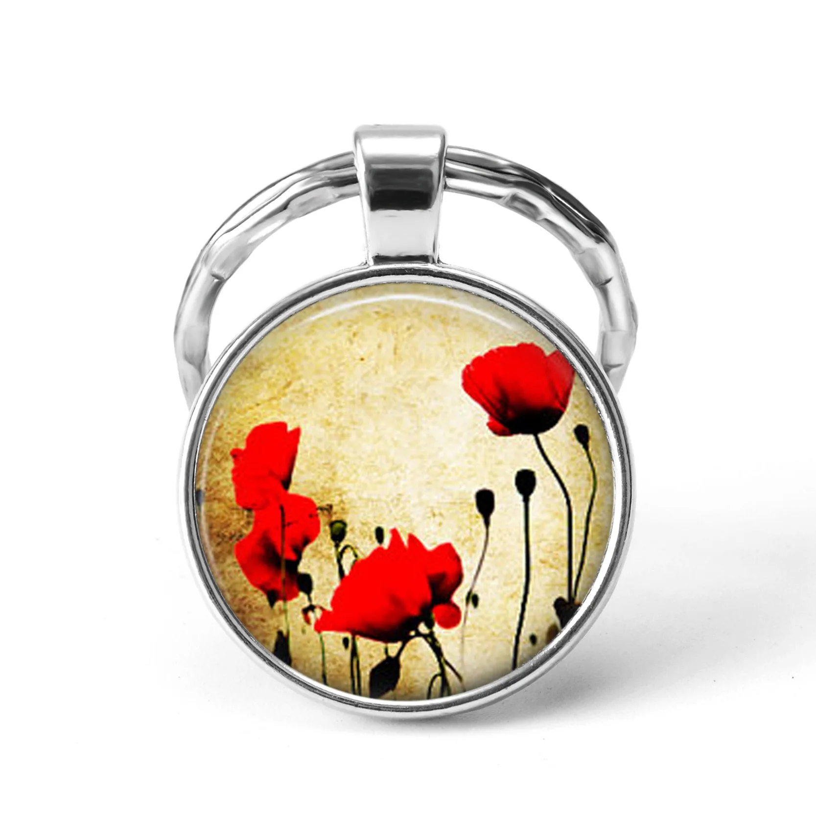 2019 New Red Poppy Portachiavi Campo Di Poppies Flower Floral Art Ciondolo Portachiavi Anello Lotus Rose Charm Gioielli Moda Donna