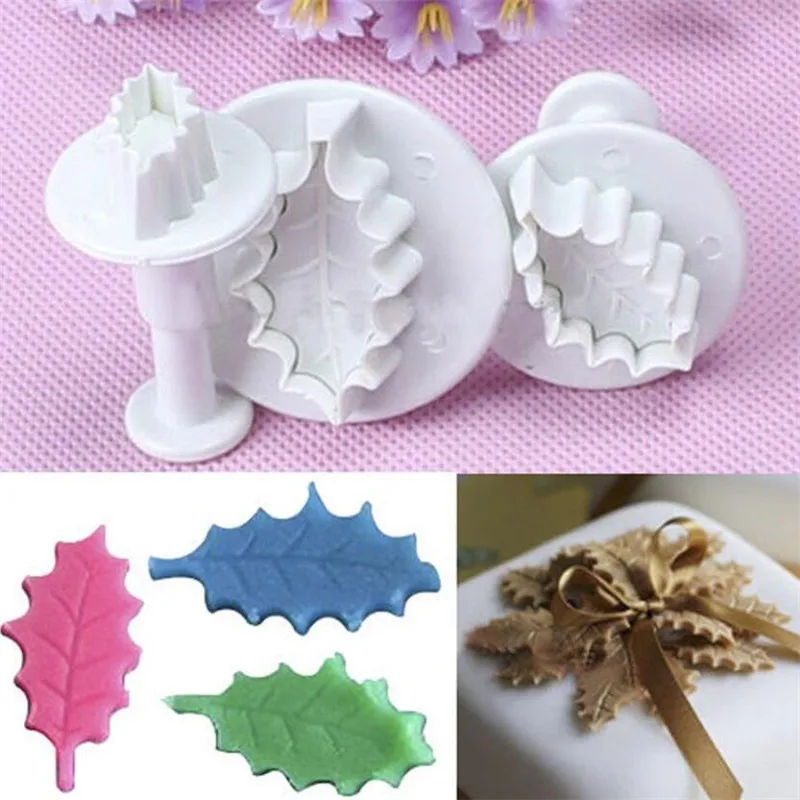 3 Pc/Set 3D Christmas Holly Leaf Leaves Cookie Plunger Cutter Fondant Sugarcraft Mold Cake Decoration Mould Baking Tools
