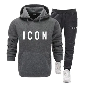 

New Men Hoodies Suit ICON Print Tracksuit Sweatshirt Suit Fleece Hoodie+Sweat pants Jogging Homme Pullover 3XL Sporting Suit Men