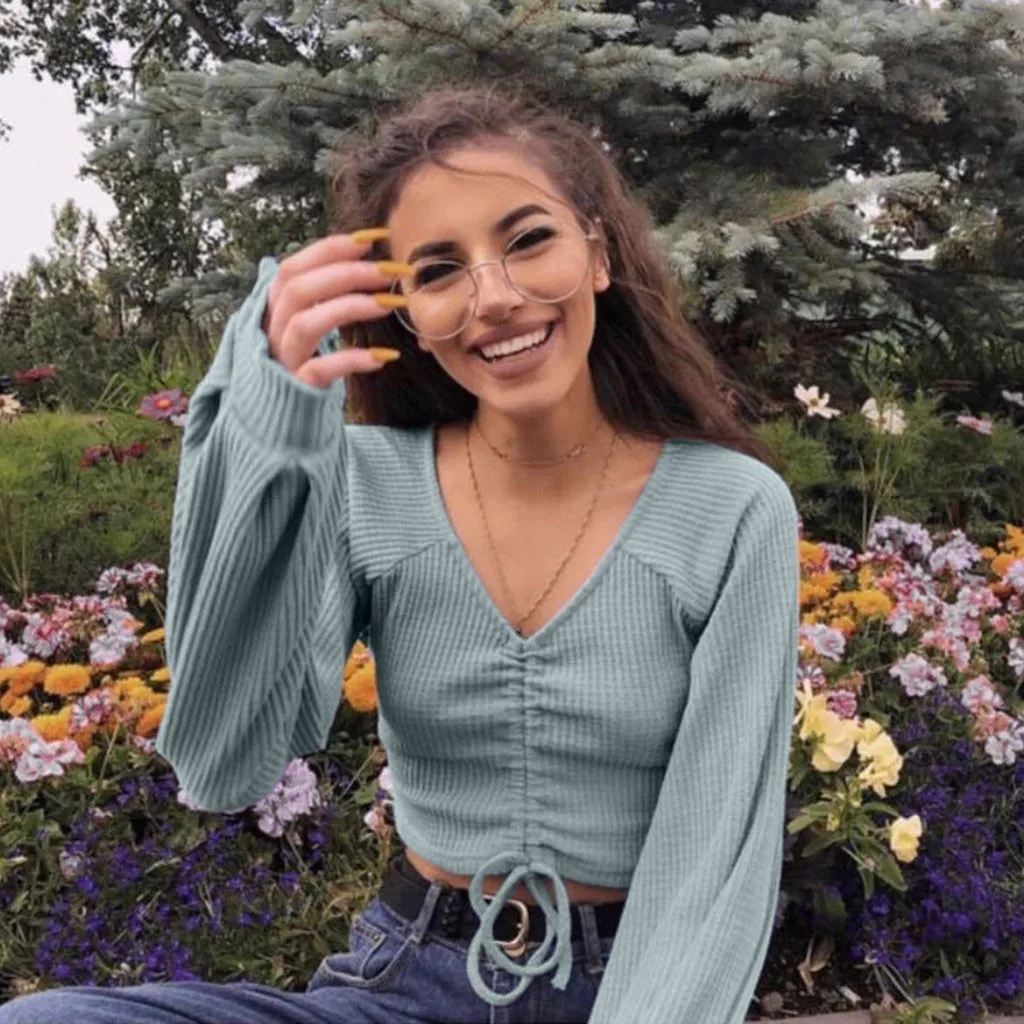 

2019 Autumn Women Short T-Shirt Fashion Bandage V-Neck Casual Tight Tee Shirt Long Sleeve Simple Female T-Shirt Tee Tops