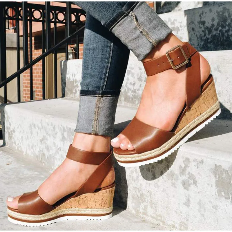 

Women's Peep Toes Ankle Buckle Strap Sandals Ladies Slingbacks High Heel Female PU Leather Casual Platform Woman Shoes