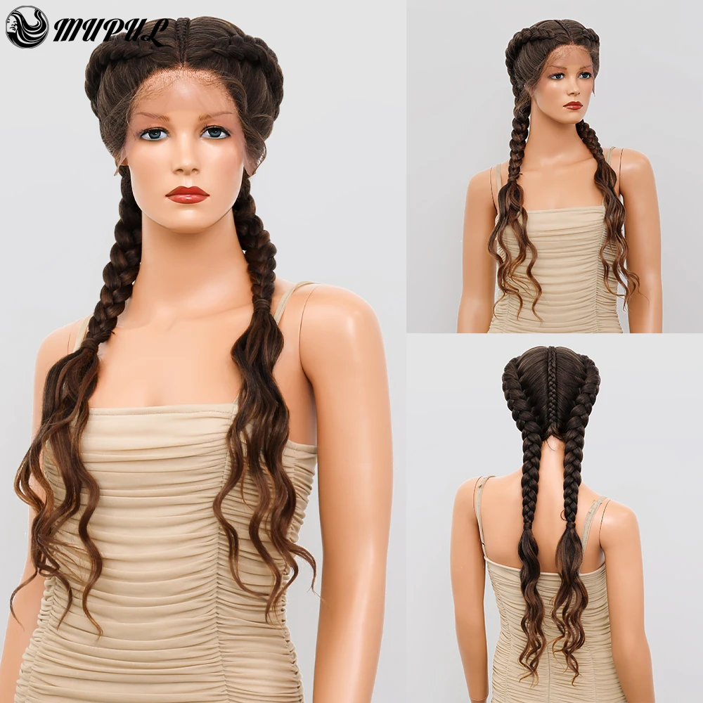Braided Lace Front Wig Synthetic Wigs For Women 1T30 Brown Ombre 36 Inch Long Dutch Twins Braids with Baby Hair 360 Frontal | Шиньоны и