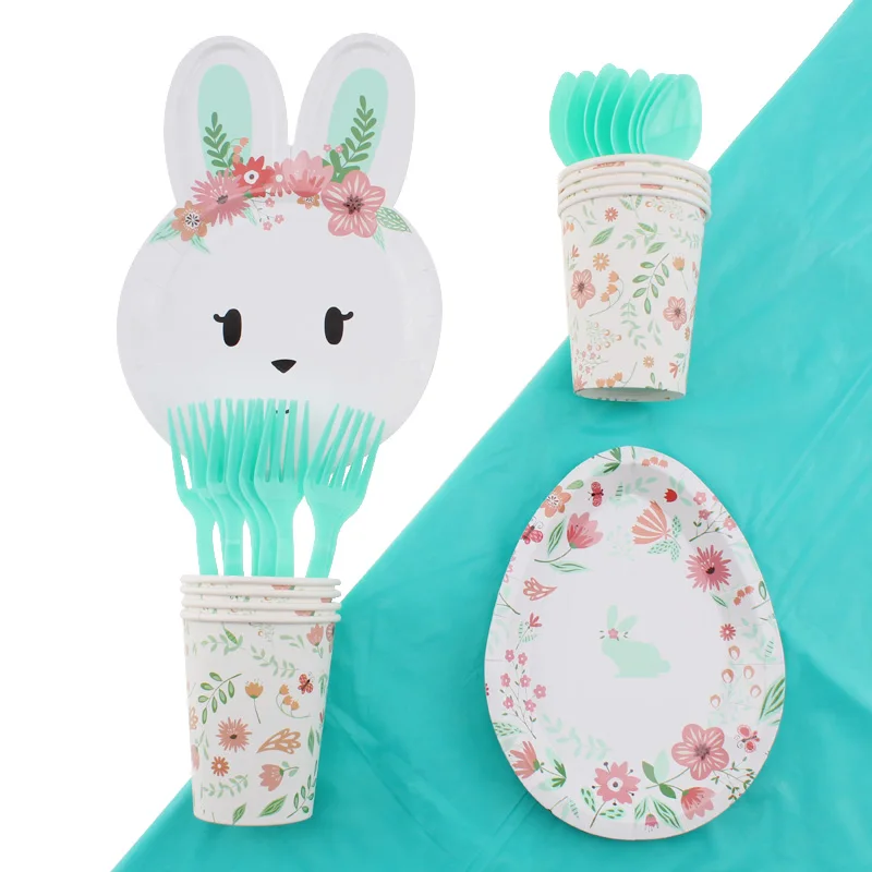 41pc/set Rabbit Easter Theme Party Tableware Baby Shower Set Up Party Napkin Cup Plate Spoon