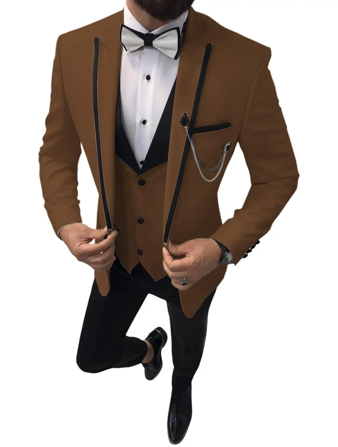 

White/Brown/Grey Mens Suits 3 piece Slim Fit Notched Lapel V Neck Tuxedos Groomsmen Men Suits for Wedding (Jacket+Pants+Vest)