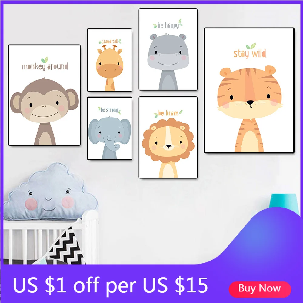 

Lion Giraffe Elephant Woodland Animals Wall Art Print Nursery Canvas Poster Painting Nordic Picture Kids Baby Room Wall Decor