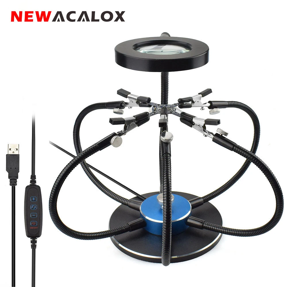 Tanie NEWACALOX uchwyt do lutownicy stacja lutownicza USB 3X powiększające szkło led światła 6 sztuk elastyczne ramiona trzecia ręka narzędzie spawalnicze