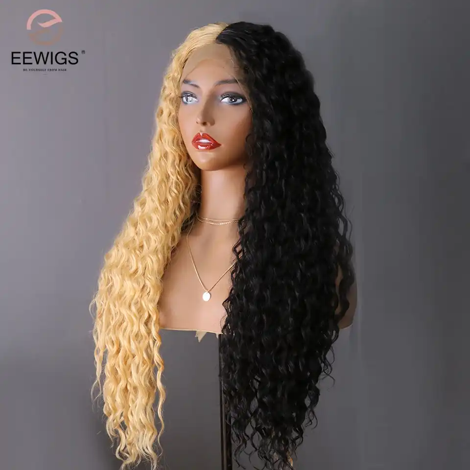 Eewigs Half Blonde Half Black Synthetic Lace Front Wig Heat
