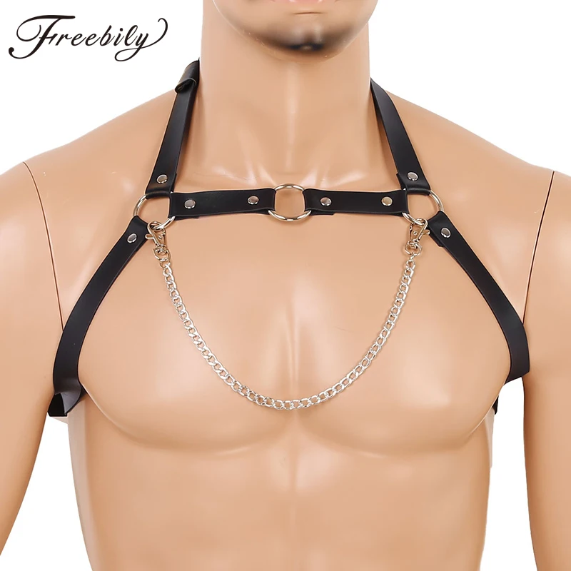 

Mens PU Leather Halter Neck Adjustable Buckle Straps Body Chest Half Harness Belt with Metal Chain Sexy Clubwear Bondage Costume