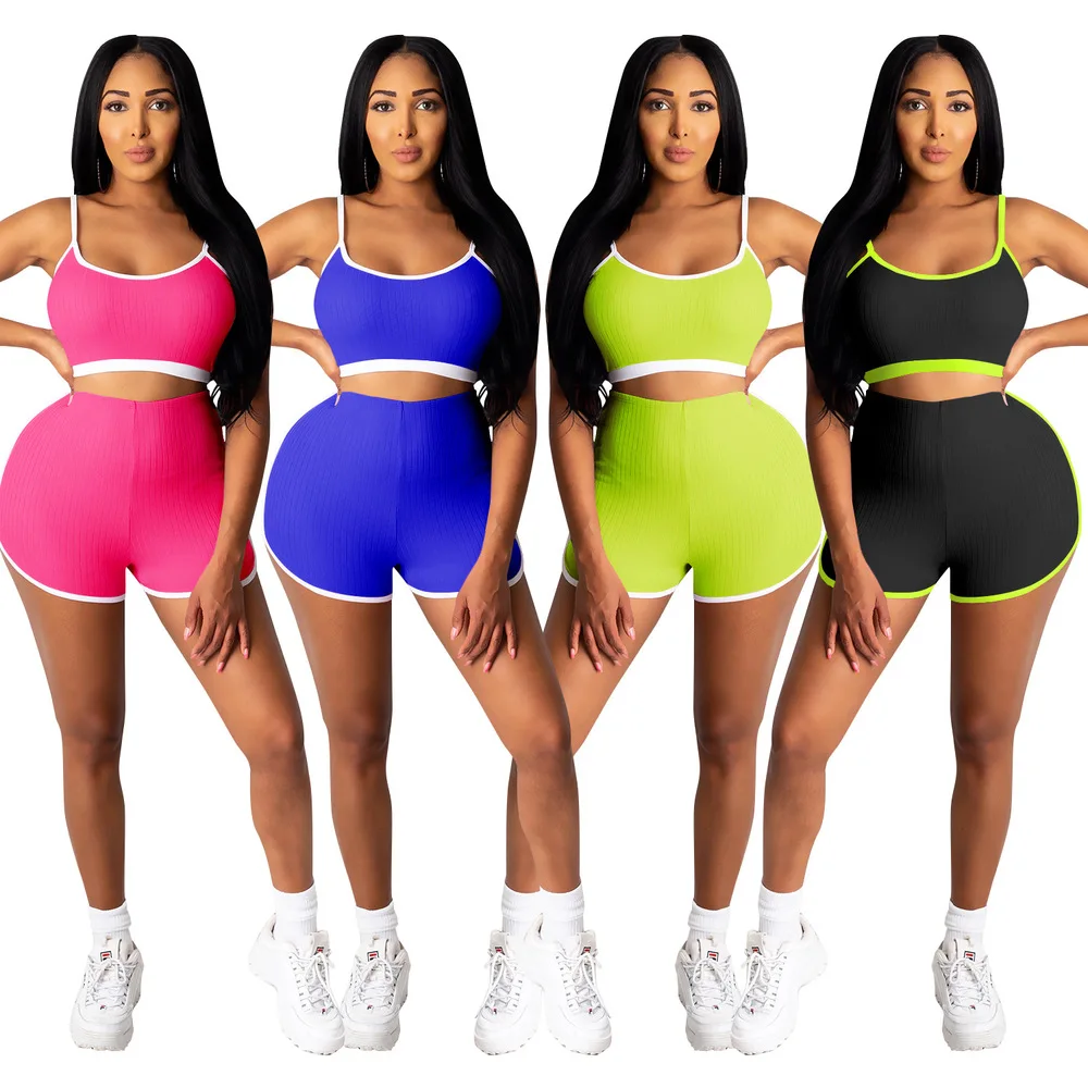 

Elastic Hight Fitness 2 Piece Outfit for Women Spaghetti Strap Sleeveless Cami Top and Bodycon Biker Shorts Streetwear Clothes