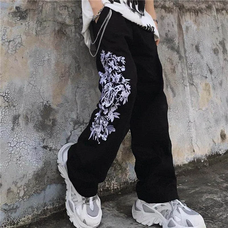 

Gothic casual pants men clothes retro dark butterfly pattern printing straight loose loose handsome street long pants summer