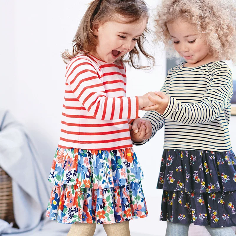 

SAILEROAD Flower Print Striped Baby Girls Dress for Kids Clothes Autumn Children Draped Dress Toddler Girls Long Sleeve Dresses