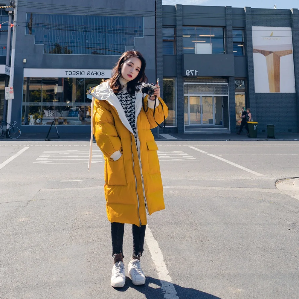 

Photo Shoot 2018 Winter New Style Korean-style WOMEN'S Wear-Style Retro CHIC Long Hooded Contrast Color Cotton Coat Cotton-padde