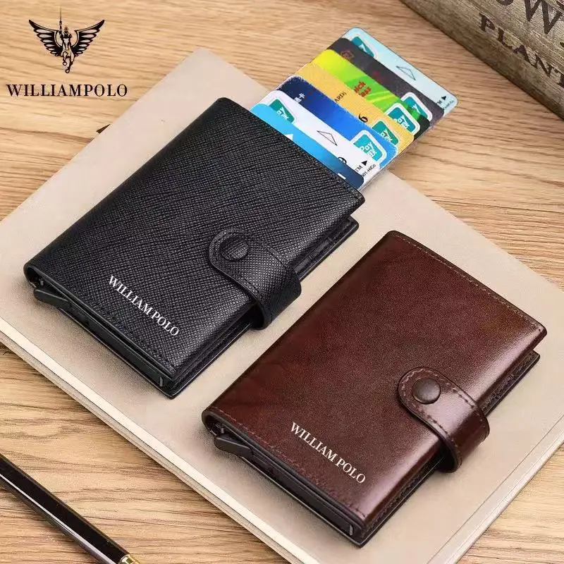 

WILLIAMPOLO 100% Men Genuine Leather Wallet Luxury Brand Purses for men RFID Card Case Slim Wallet gift Credit Card Holder