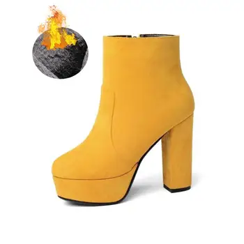 

Fujin Short Boots Suede Large Size Thick High Heel Waterproof Platform Fashion Pointed Toe Breathable Causal Single Boots Women