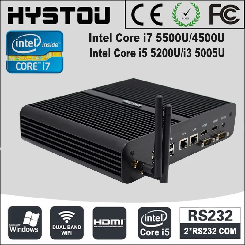 2 Intel lan Core i7 игровой ПК windows 10 Pro i7 5500u 2 HDMI домашний кинотеатр HTPC 2 RS232 COM i5 5200U Безвентиляторный Компьютер i3 5005U