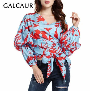 

GALCAUR Print Hit Color Bowknot Women's Shirts V Neck Lantern Long Sleeve Blouse Female Vintage Autumn Fashion New Clothes 2020