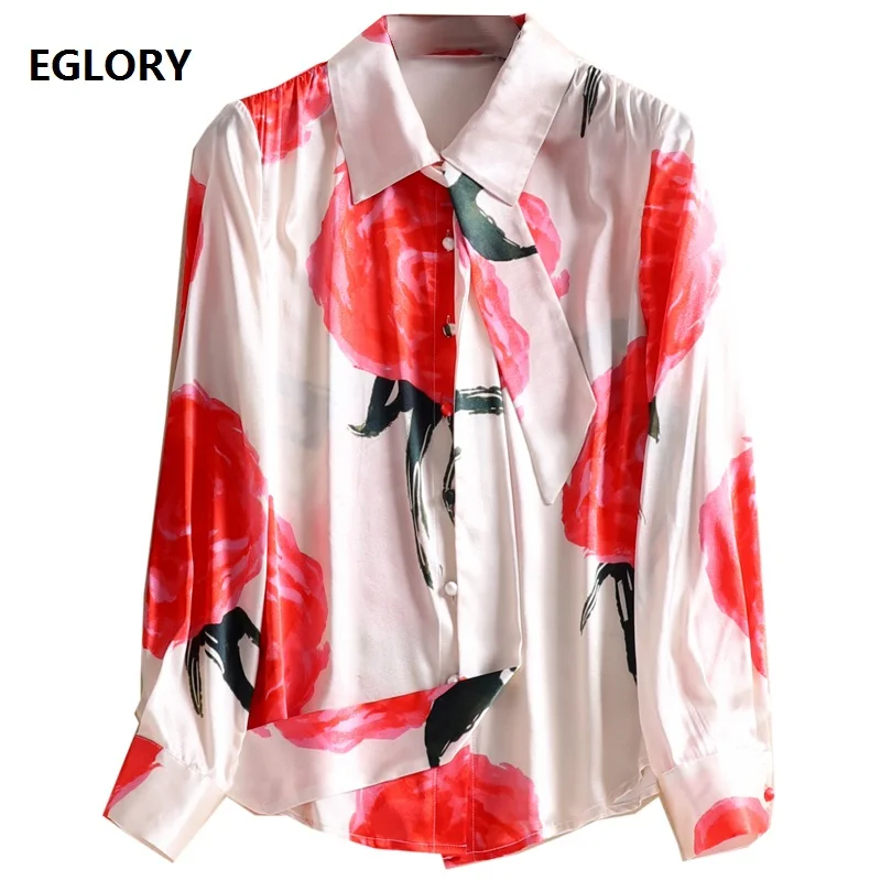 

2021 Spring Fashion Silk Shirts Women Bow Collar Sweet Red Color Print Long Sleeve Casual Elegant Work Shirts Blusas Feminino