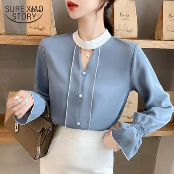 

Autumn 2019 Fairy Horn Sleeve Chiffon Shirt Female Temperament Nail Beads Hollowed Out Long Sleeve Bottom Tops Pollover 6278 50