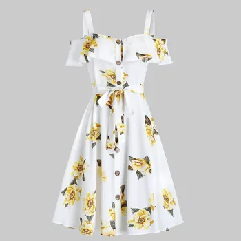

Women Fashion Short Sleeve Sunflower Print Dress Ladies Elegant Cami Vacation Dress Women Casual Beach Sundress Vestidos #3