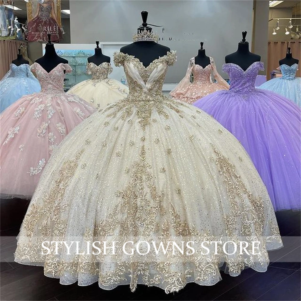 Champagne Off The Shoulder Ball Gown Beaded Appliques Quinceanera Dresses Princess Sweet 16 Vestidos De 15 Anos Robe De Bal