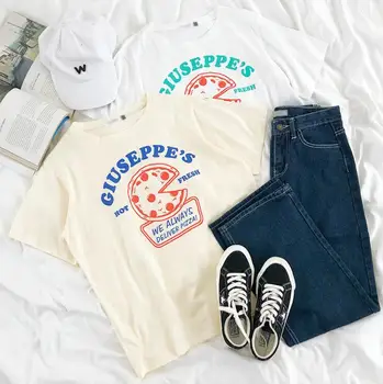 

Contrast pizza print loose o-neck short sleeve T-shirt women