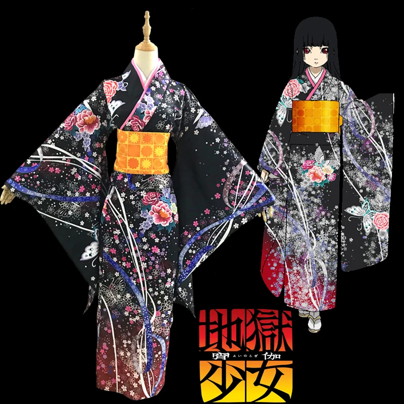 

Jigoku Shoujo HELLGIRL Enma Ai Maid Dress Kimono Yukata Uniform Outfit Anime Cosplay Costumes Cherry blossoms bathrobe Kimono