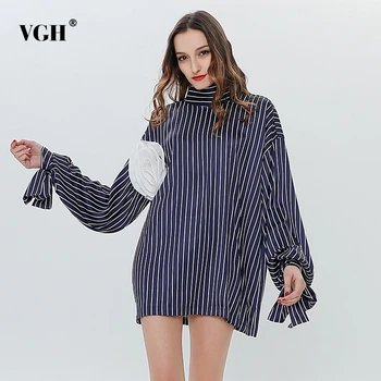 

VGH Hit Color Patchwork Rose Stripe Shirts For Women Turtleneck Long Sleeve Bowknot Lace Up Shirt Female 2020 Spring Fashion New