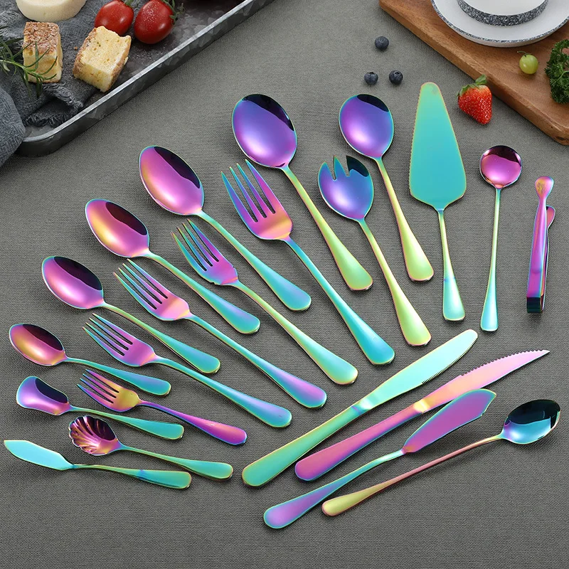 Rainbow Wedding Travel Cutlery Set Stainless Steel Dinner Knife Fork Scoops Silver Tableware dishes sets dinnerware cutlery