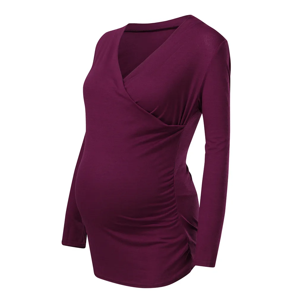 Женское платье для беременных с v-образным вырезом и длинными рукавами, однотонная блузка с оборками, топы для беременных, одежда для беременных