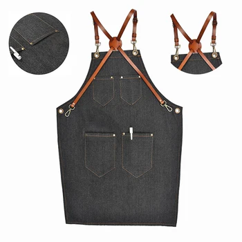 

Denim Bib Apron Leather Strap Barista Baker Work Uniform Bartender Bbq Chef Cook