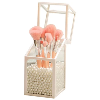 

Glass Makeup Brush Holder, Transparent, Dustproof, Makeup Organizer for Vanity or Bathroom with Pearls