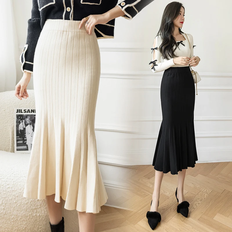 

Autumn Winter Knitted Mermaid Skirt Women Elegant Bodycorn Long Midi Skirt Slim Elastic Waist Sheath Skirt Knitwear Apricot M149