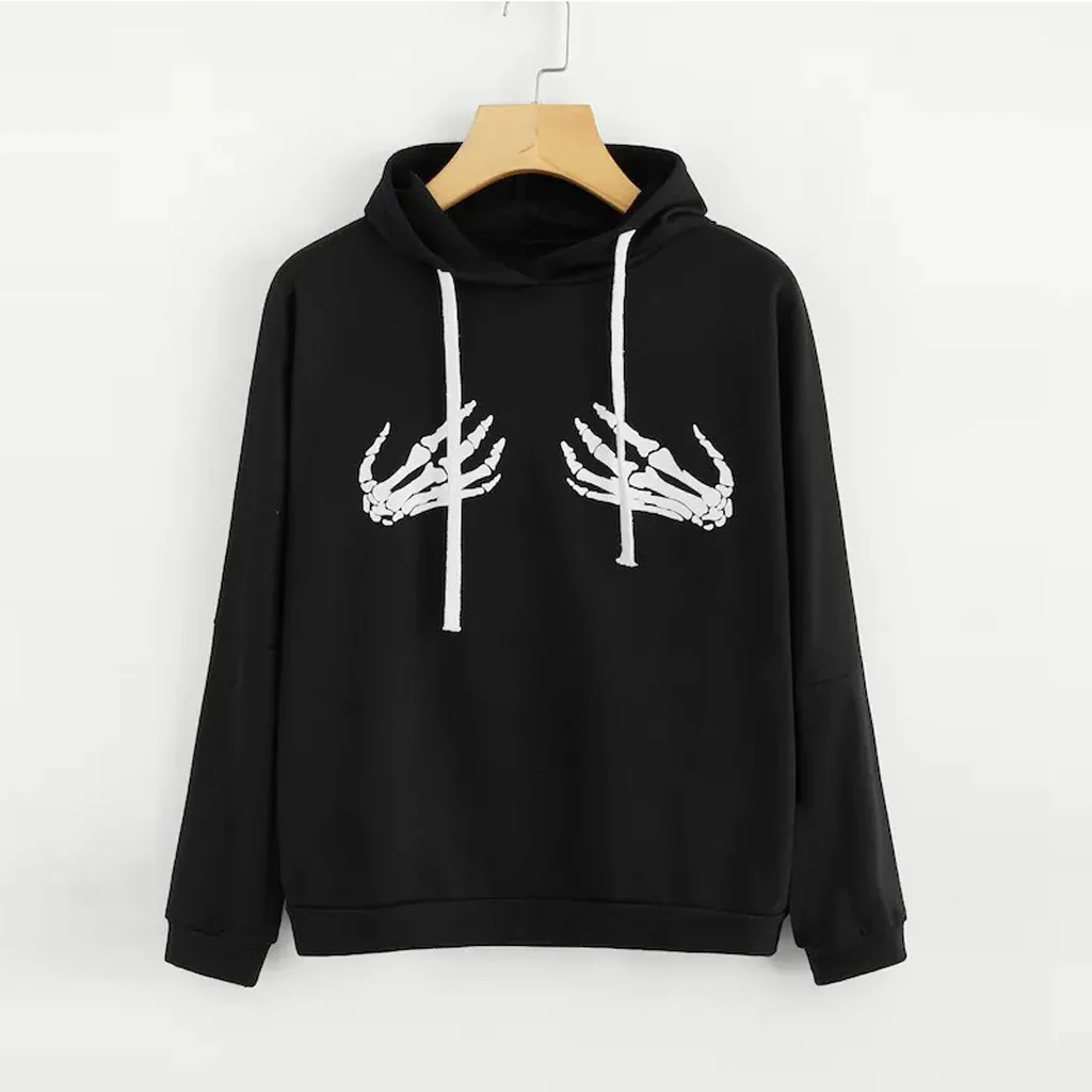 Women Hoodie and Sweatshirts Gothic Punk Hand bone Long Sleeve Jumpers Top Pullover  Halloween Ghost Claw Print Sudadera Mujer