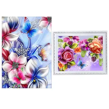 

2 Set 5D Diy Diamond Painting Round Diamond Home Decor Gift - Butterfly and Flowers & Butterfly Pattern
