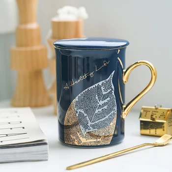 

Leaf Vein Pattern Coffee Breakfast Cup Nordic Style 330ml Ceramic for Juice Tea Milk Mug Office Cup with Spoon Gift for Friend
