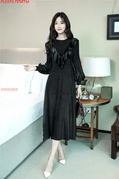 

Miyake Pleated Autumn New Style Foreign Style Wooden Ear Collar Lantern Sleeve Velvet Pleated Waist Slim Magic Dress