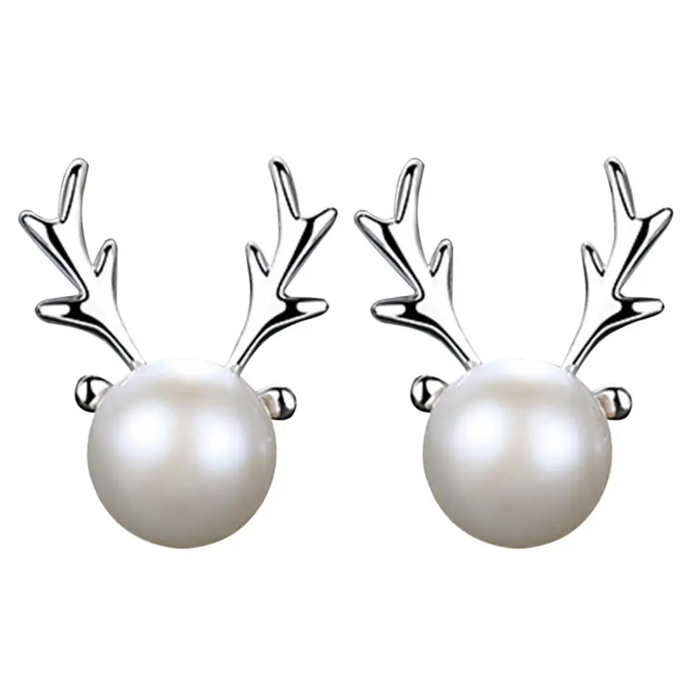 Elegant Women Lady Girls Elk Simulated Pearls Stud Earrings Christmas Party Casual Jewelry Decor 2