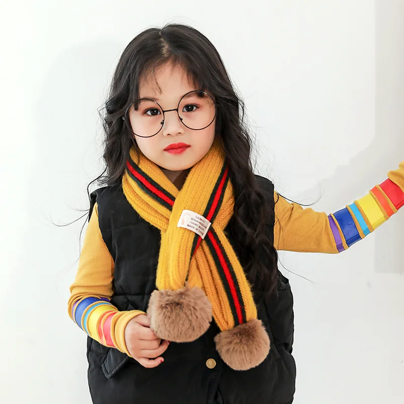 Children Knitted Winter Cashmere Soft Scarf Baby Boys Girls Lovely Fur Pom-pom Neckerchief Neck Warmers