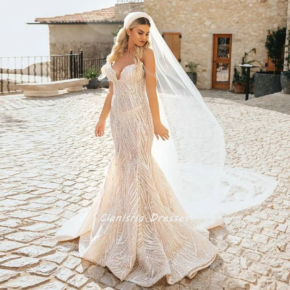 

Shiny Off The Shoulder Sequined Crystal Dubai Mermaid Wedding Dresses Detachable Train Open Back Saudi Arabic Bridal Gowns