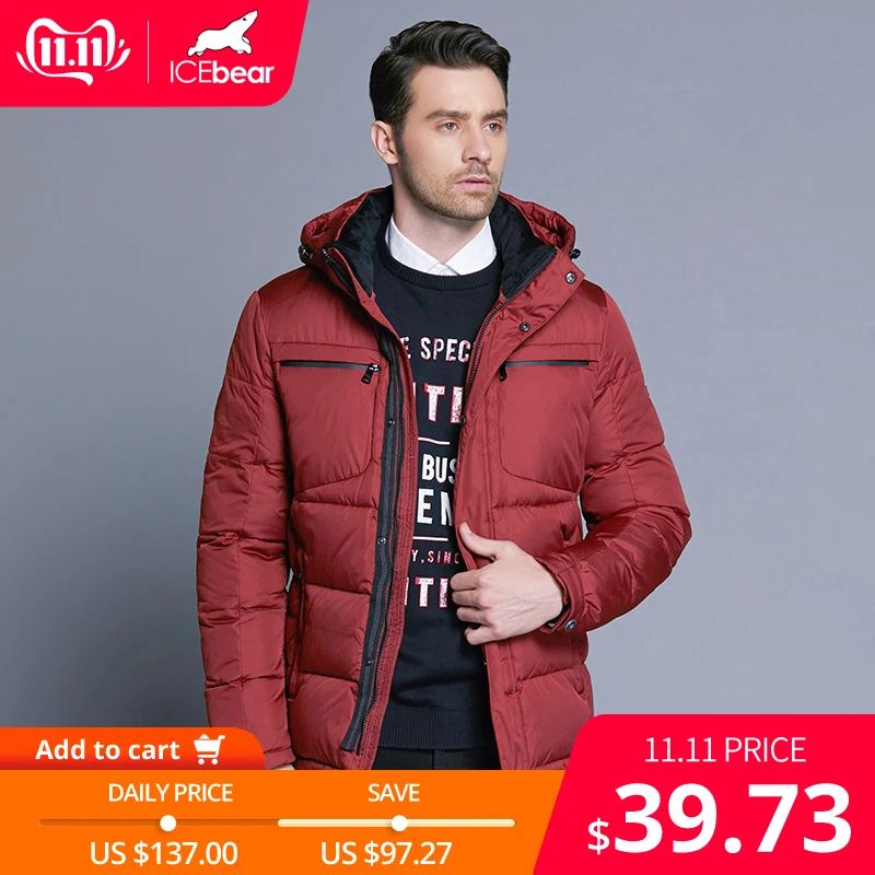 

ICEbear 2019 Mens Winter Solid Parka Warm Jackets Simple Hem Practical Waterproof Zipper Pocket High Quality Parka