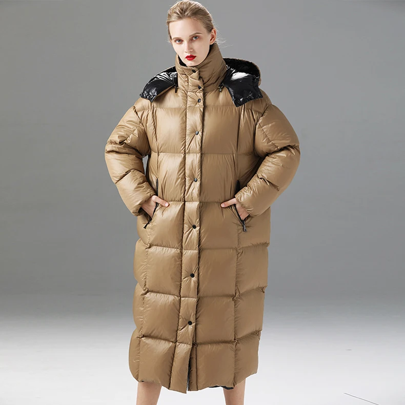 Высококачественные женские зимние пуховые пальто для подиума с капюшоном и воротником, длинные рукава, белый утиный пух, толстые теплые парки, Дизайнерская верхняя одежда