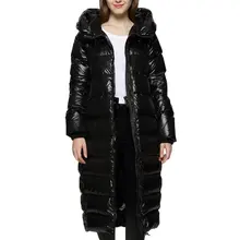 Зимнее длинное женское пуховое пальто, новинка, с капюшоном, выше колена, толстая, яркая, глянцевая куртка, белый утиный пух, свободный, мягкий, теплый профиль, пальто
