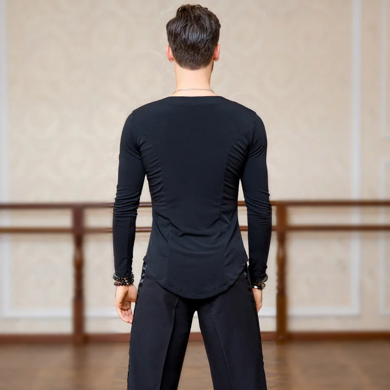 Men's Latin Dance Tops Standard Ballroom Dancing Practice Clothes Long Sleeves V-Neck Shirt Samba Waltz Dance T-Shirts DL5233