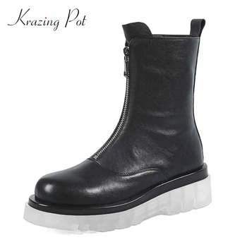 

Krazing Pot 2020 large size comfortable sheep leather soft platform round toe thick high heel zipper beauty lady ankle boots L18