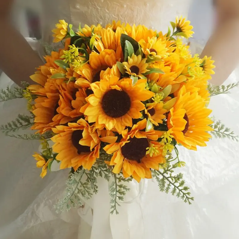 

Artificial Bridal Wedding Bouquet Romantic Handmade Bright Sunflower Linen Rope Handle Satin Ribbon Church Party Home Decoration